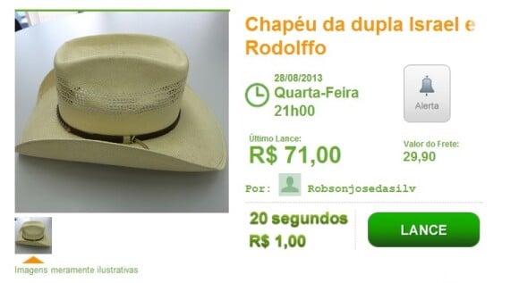 Os itens dos sertanejos são arrematados pelos preços mais altos. O chapéu da dupla Israel e Rodolfo está sendo comprado por R$ 71