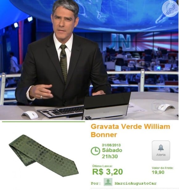 A gravata verde usada por William Bonner no 'Jornal Nacional' está sendo arrematada por R$ 3,20