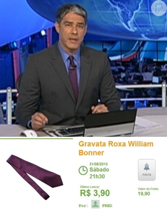 A gravata roxa de William também está no leilão. Esta está saindo, até agora, por R$ 3,90