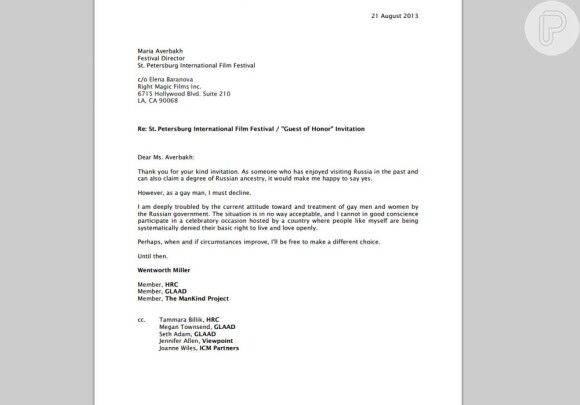 Esta é a carta que Wentworth Miller enviou ao presidente do Festival de Cinema Internacional de São Petersburgo
