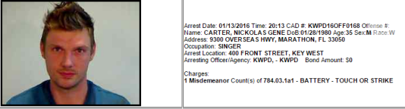 Nick Carter foi detido nessa quarta-feira, 13 de janeiro de 2016, em Key West, na Flórida, EUA