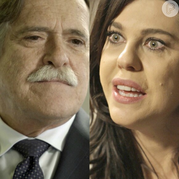 Nelita (Bárbara Paz) confronta Gibson (José de Abreu) ao ouvi-lo falar sobre Kiki (Deborah Evelyn) no telefone, na novela 'A Regra do Jogo', em janeiro de 2016