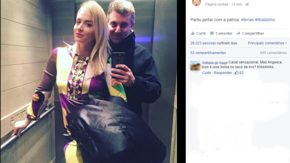 Angelica e Luciano Huck posam no elevador e fã brinca: 'Bolsa ou saco de lixo?'