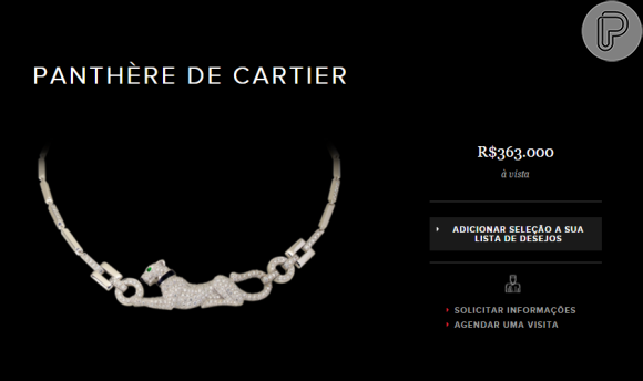 Colar em ouro branco 18K cravejado de diamantes, olhos de esmeraldas e focinho de ônix usado por Grazi Massafera no Baile da Vogue está à venda no site da Cartier por R$ 363 mil