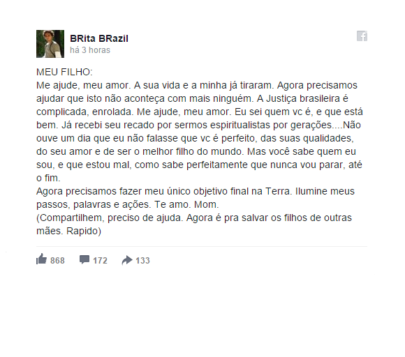 Marcia Brito publicou texto em seu Facebook onde conta ter tido contato espiritual com o filho e comenta o momento difícil