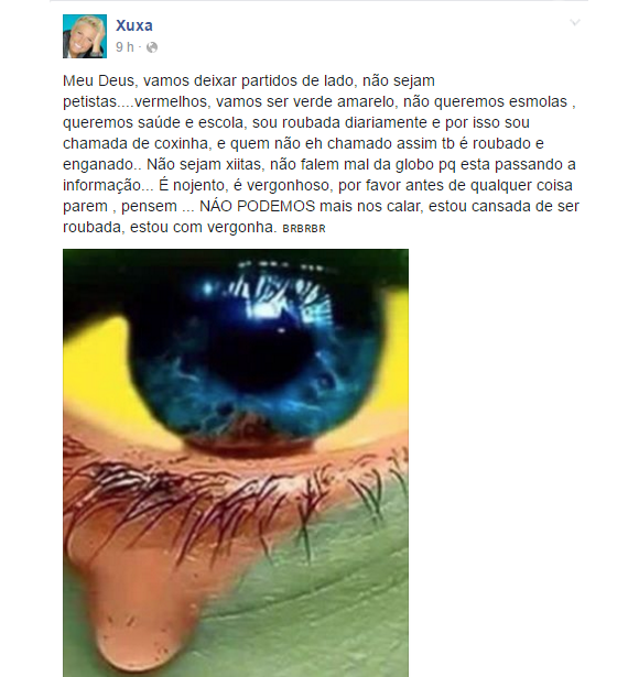Xuxa usou seu Facebook para comentar a crise política no Brasil na madrugada desta sexta-feira, 18 de março de 2016