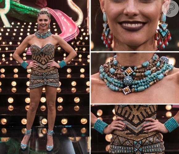 Fernanda Lima combinou o vestido de ráfia com pulseiras, colares e brincos para comandar o 'Amor & Sexo'