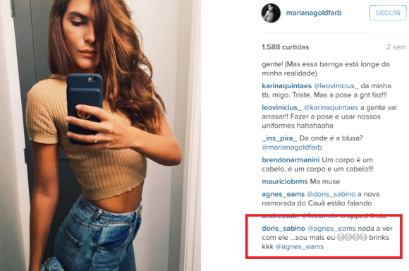 Outras fãs de Cauã, no entanto, não gostaram do romance: na foto de Mariana Goldfarb, uma comenta: 'Nada a ver'