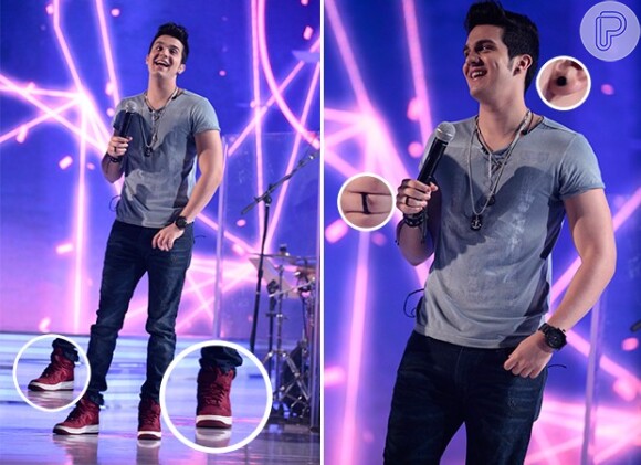 Luan Santana usa vários acessórios para compor o seu visual na gravação do programa 'Sai do Chão', da TV Globo