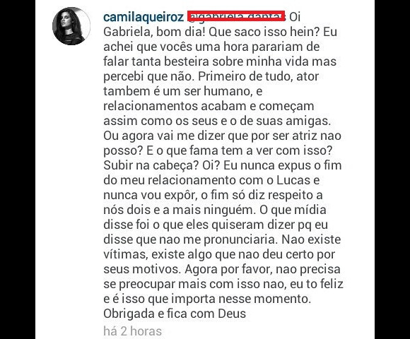 Camila Queiroz responde à altura seguidora que afirmou que ela teria traído o ex-namorado, Lucas Cattani, com Klebber Toledo