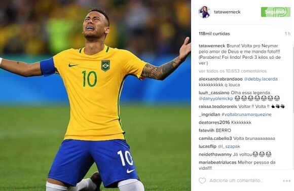 Internautas já tinham comemorado a suposta reconciliação de Neymar e Bruna Marquezine após ele abraçá-la na Rio 2016. Já famosos como Tátá Werneck pediu na rede social que o casal se entendesse