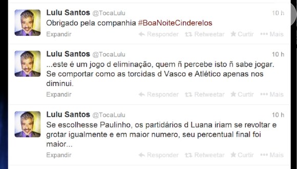No Twitter, Lulu Santos esclareceu a polêmica: 'É um jogo de eliminação'