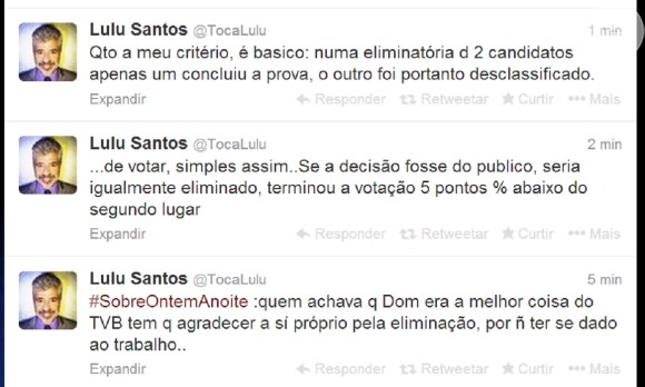 Na tarde desta terça-feira, 13 de dezembro de 2013, Lulu Santos voltou a se manifestar: 'Quem achava que Dom era a melhor coisa do 'The Voice Brasil' tem q agradecer a si próprio pela eliminação, por não ter se dado ao trabalho de votar'