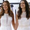 Gina (Carolina Kasting) e Paloma (Paolla Oliveira) experimentam juntas vestidos de noiva, em 'Amor à Vida'