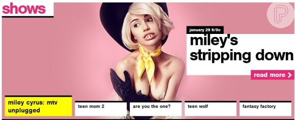Miley Cyrus aparece na página principal do site da MTV dos Estados Unidos anunciando seu MTV Acústico
