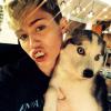 Miley Cyrus posa com a dentadura ao lado de um dos seuss cachorros