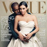 Kim Kardashian posa vestida de noiva ao lado de Kanye West para capa da 'Vogue'