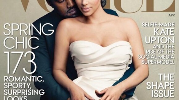 Kim Kardashian posa vestida de noiva ao lado de Kanye West para capa da 'Vogue'