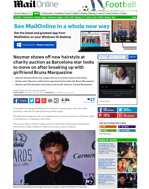 O jornal britânico 'Daily Mail' exaltou a mudança de visual de Neymar após o término com Bruna Marquezine