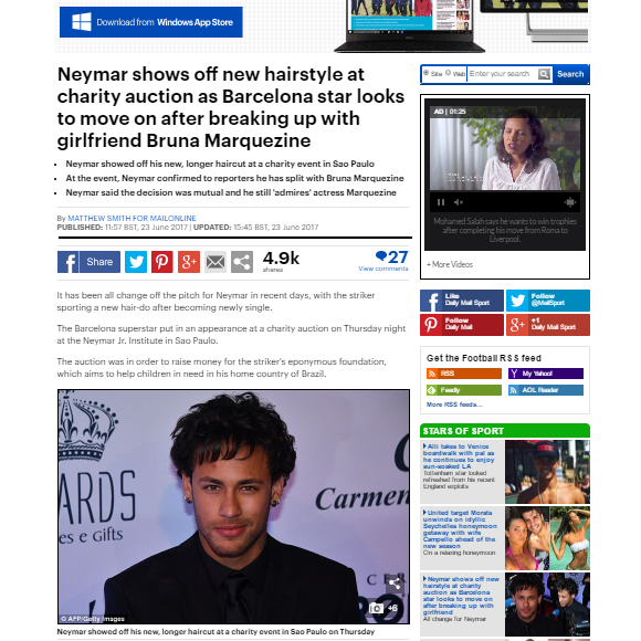 O jornal britânico 'Daily Mail' exaltou a mudança de visual de Neymar após o término com Bruna Marquezine