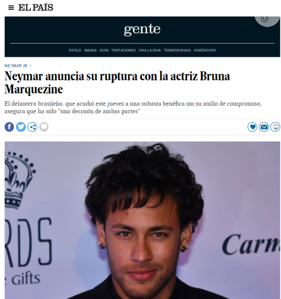 O jornal 'El País', da Espanha, noticiou a separação de Bruna Marquezine e Neymar