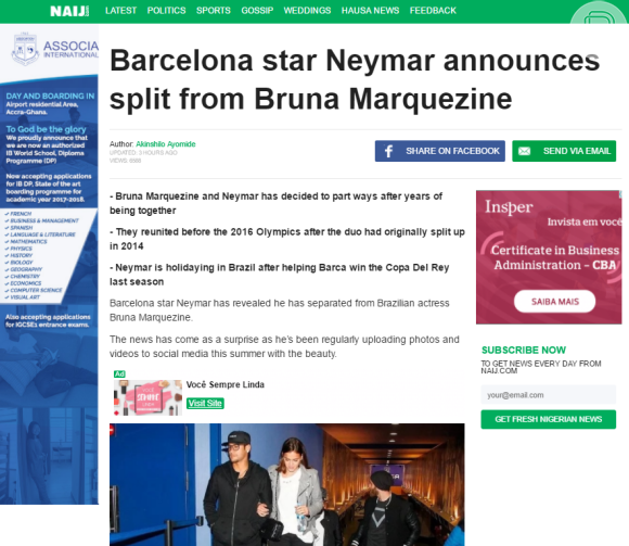 O site nigeriano 'Naiji.com' disse que o término de Bruna Marquezine e Neymar foi uma 'surpresa'