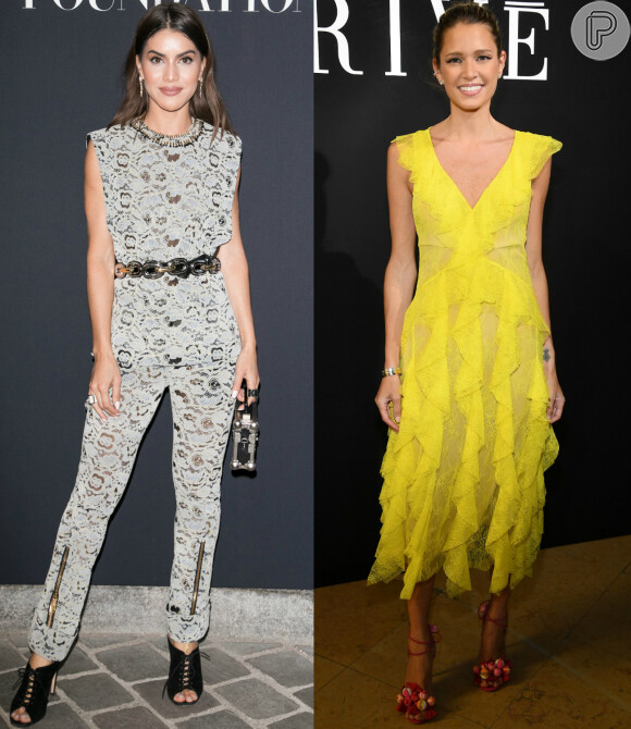 Camila Coelho vestiu um conjunto para ir ao jantar promovido pela Vogue no Musée Galliera, em Paris, no dia 5 de julho de 2017. Já Helena Bordon elegeu um vestido amarelo para prestigiar o desfile da grife Giorgio Armani no memso dia