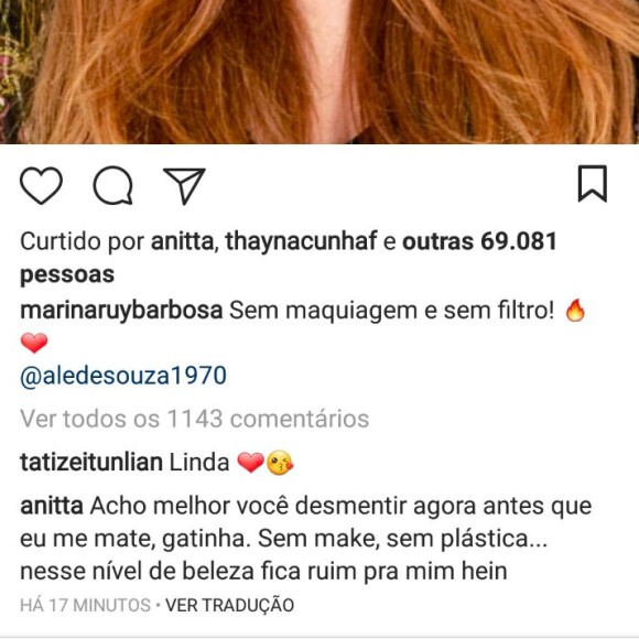 Anitta brinca com Marina Ruy Barbosa sem make: 'Nesse nível fica ruim para mim'