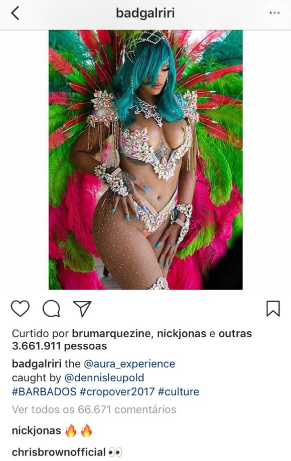 Fãs de Rihanna reprovam comentário de Chris Brown em foto da cantora de look cavado