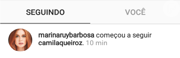 Ex de Klebber Toledo, Marina Ruy Barbosa começou a seguir Camila Queiroz no Instagram