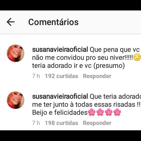 Susana Vieira deixou mensagens em rede social de Tatá Werneck lamentando não ter sido chamada para a festa de aniversário: 'Pena'