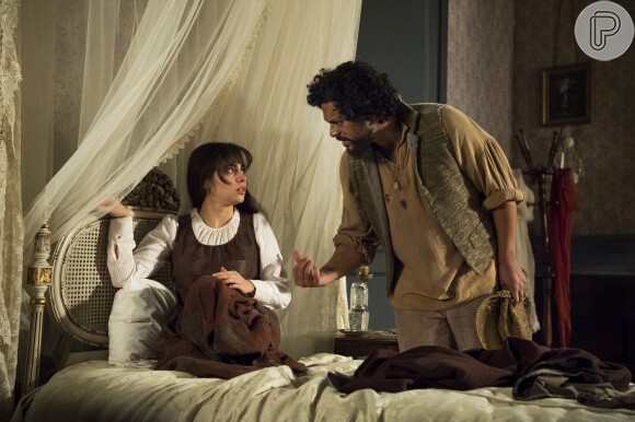 Matias (Renan Monteiro) conta a Cecília (Isabella Dragão) que Sebastião (Roberto Cordovani) embarcou Libério (Felipe Silcler) em um navio negreiro, na novela 'Novo Mundo'