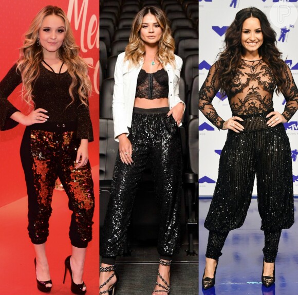 Larissa Manoela, Thássia Naves e Demi Lovato já apostaram em looks com calça de paetês. Veja na galeria mais famosas adeptas de brilho na peça!