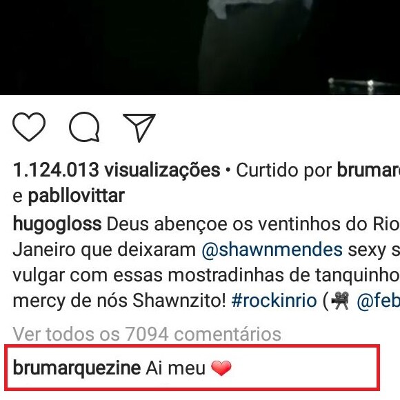 Bruna Marquezine deixou um comentário em um vídeo sobre o tanquinho de Shawn Mendes no Instagram