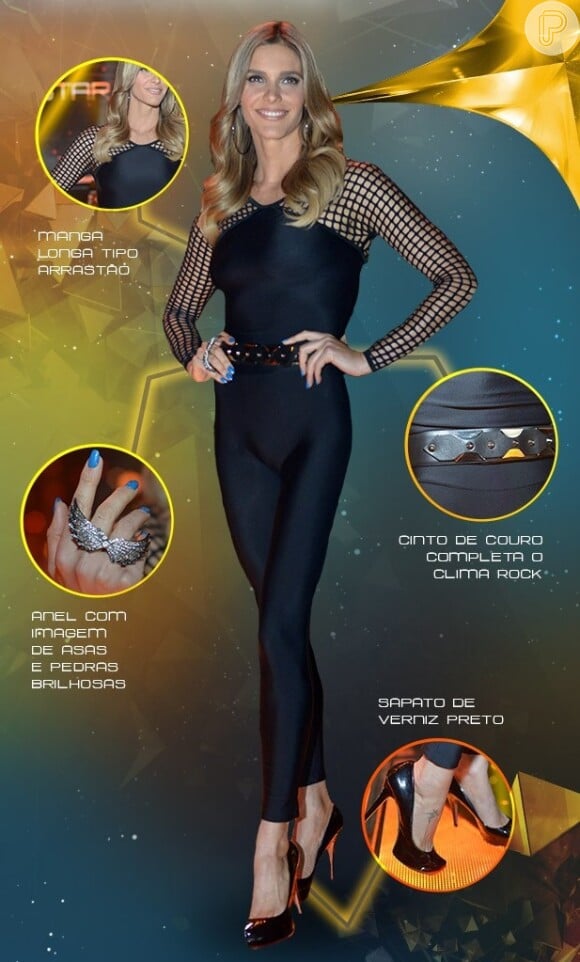 Fernanda Lima usou macacão colado no corpo e anel com imagem de uma asa com pedras brilhosas para apresentar o 'Top 10' do 'SuperStar', em 1º de junho de 2014