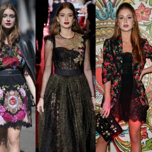 Marina Ruy Barbosa chamou atenção ao desfilar na semana de moda de Milão pela grife Dolce & Gabbana em 2017 por exibir looks florais e rendados