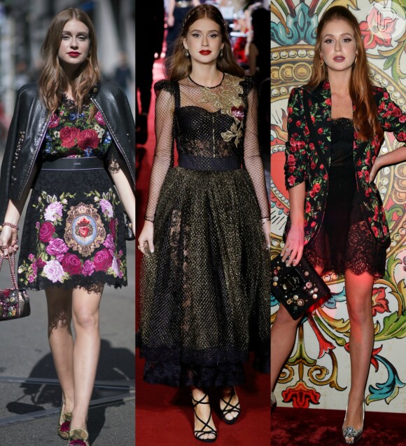 Marina Ruy Barbosa chamou atenção ao desfilar na semana de moda de Milão pela grife Dolce & Gabbana em 2017 por exibir looks florais e rendados