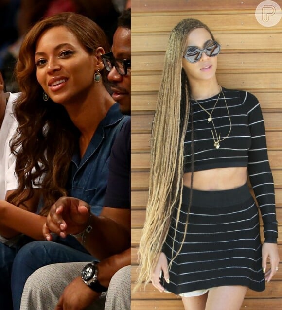 Beyoncé fez duas mudanças no visual em maio. Ela abandonou o black loiro e voltou ao tom chocolate liso. Depois, a cantora resolveu usar aplique com trancinhas claras