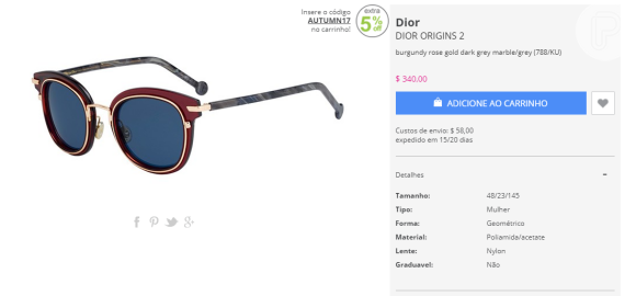 Óculos escolhido por Marina Ruy Barbosa em safári é da Dior e custa 340 doláres, o equivalente a cerca de R$ 1.020