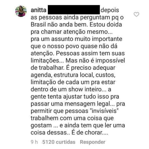 Anitta rebateu a crítica por escalar um bailarino com Síndrome de Down para seu balé