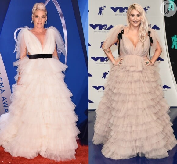 Camadas e mais camadas – e tudo em premiações! A cantora Pink repetiu o vestido de Kesha no MTV Video Music Awards para cruzar o tapete vermelho do CMA Awards, três meses depois