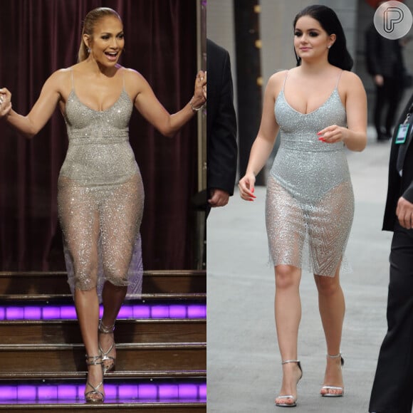 O vestido brilhoso e transparente usado por Jennifer Lopez no programa 'The Late Late Show with James Corden', em 4 de maio, foi aposta da atriz Ariel Winter para participar do 'Jimmy Kimmel Live', seis dias depois