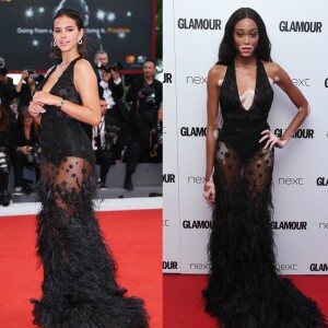 Bruna Marquezine exibiu um vestido com plumas e transparência no Festival de Veneza. A peça de Alberta Ferretti também foi usada pela modelo canadense Winnie Harlow no Glamour Awards 2017