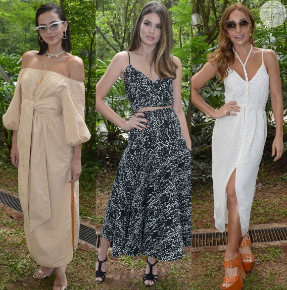 Bruna Marquezine, Camila Queiroz e Sabrina Sato exibiram prduções leves no desfile da coleção de Paula Laia em parceria com Riachuelo. Veja os looks de mais famosas!