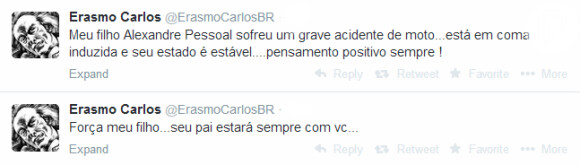 O cantor Erasmo Carlos usou as redes sociais para pedir força aos fãs e falou sobre o acidente envolvendo seu filho Alexandre Pessoal