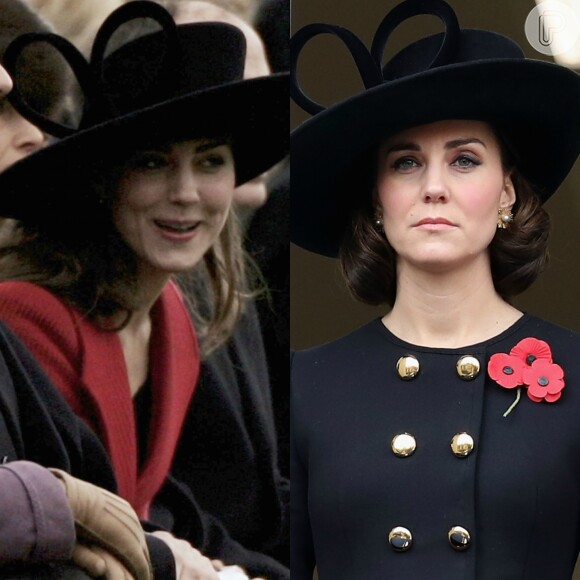 Grávida de 4 meses, Kate Middleton repetiu chapéu preto com alças da grife Philip Treacy em evento nacional neste domingo, dia 12 de novembro de 2017