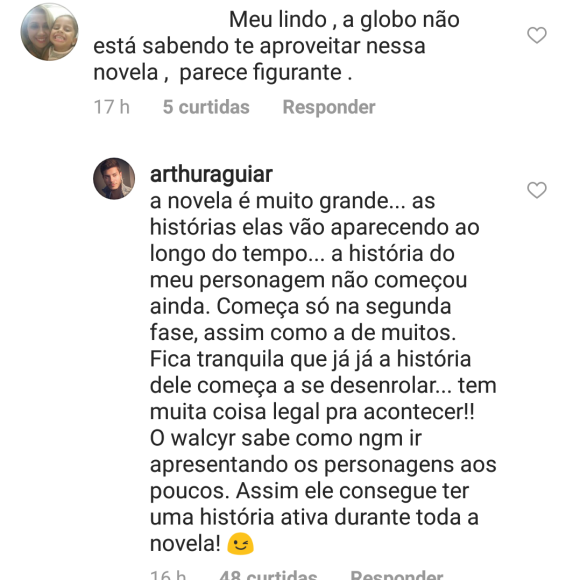 Após ser chamado de 'figurante' em novela por seguidora, Arthur Aguiar explicou: 'A história não começou ainda'