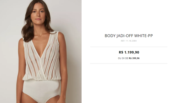 Body decotado usado por Julina Paes pode ser encontrado na loja virtual da Le Lis Blanc por R$ 1.199,90