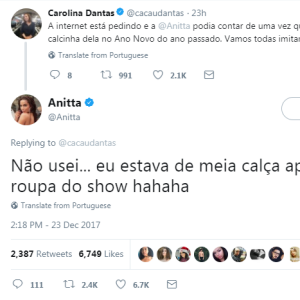 Anitta responde internauta no Twitter sobre roupa íntima usada em seu útimo Réveillon