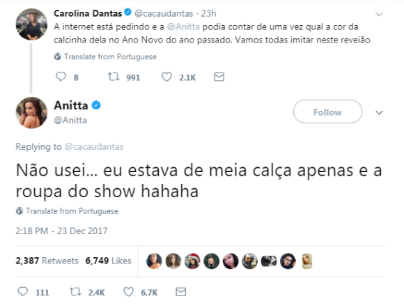 Anitta responde internauta no Twitter sobre roupa íntima usada em seu útimo Réveillon